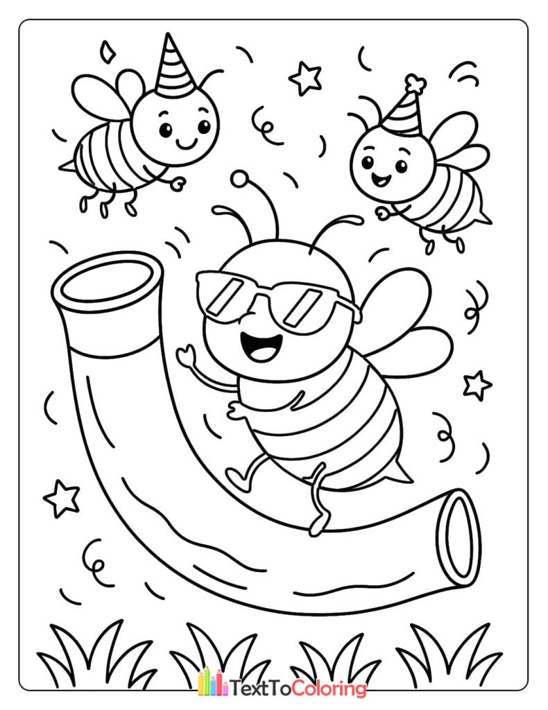 A festive Rosh Hashanah coloring page with a cool bee wearing sunglasses riding a branch, surrounded by two other bees with party hats.