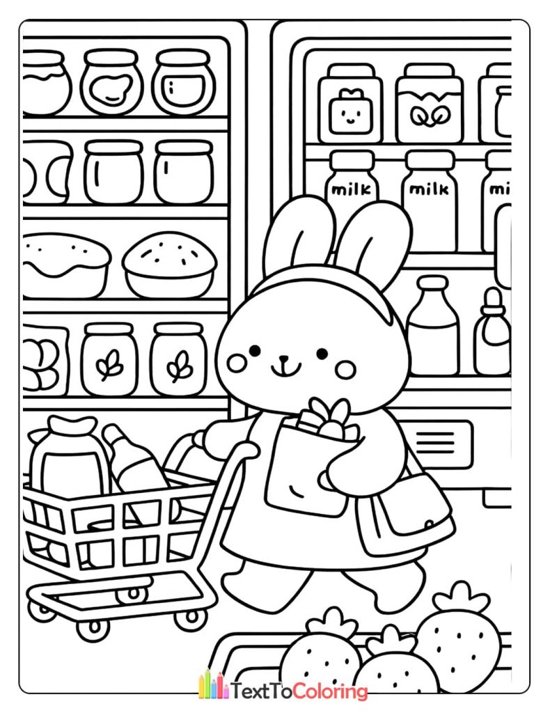A cute bunny mascot pushing a shopping cart full of groceries inside a mini-mart. Shelves of milk and other products are visible.
