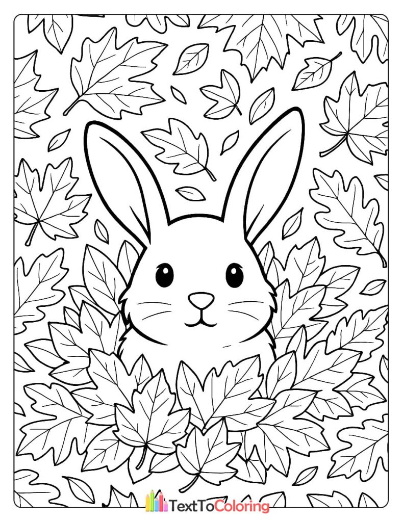 A close-up coloring page of a cute bunny hiding in a pile of autumn leaves.