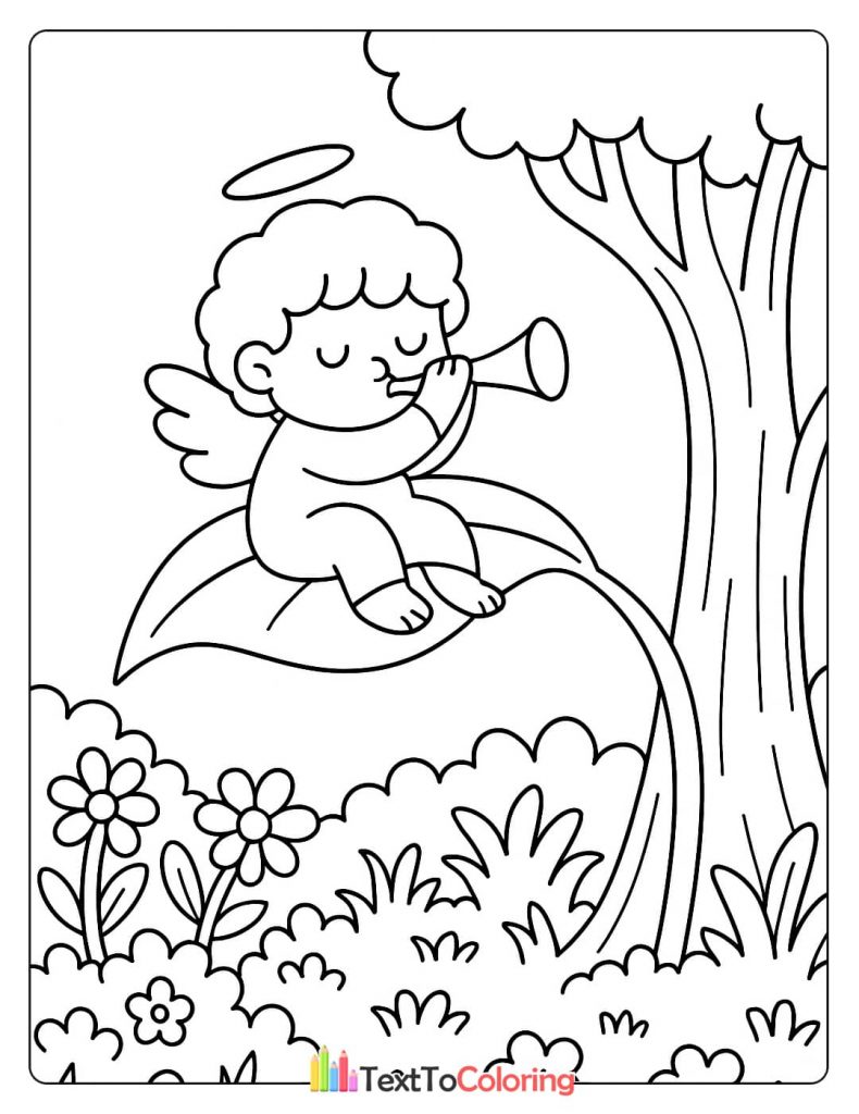 Charming coloring page of a baby cherub angel with a halo and wings, sitting on a leaf and playing a trumpet.