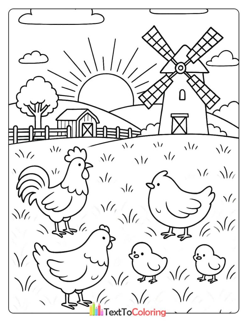 A coloring page of a rooster, two hens, and two chicks standing in a grassy field with a barn and a windmill in the background.