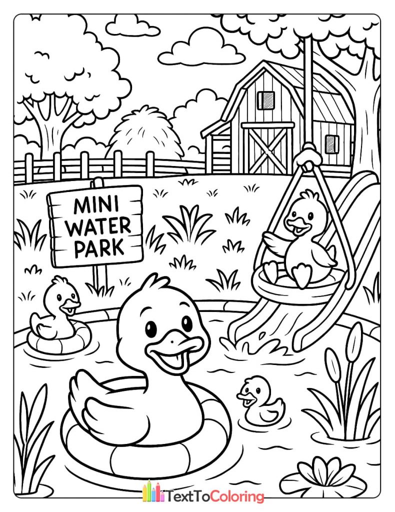 A coloring page showing a group of ducks playing at a mini water park, with one duck on a slide and others floating in a pool.