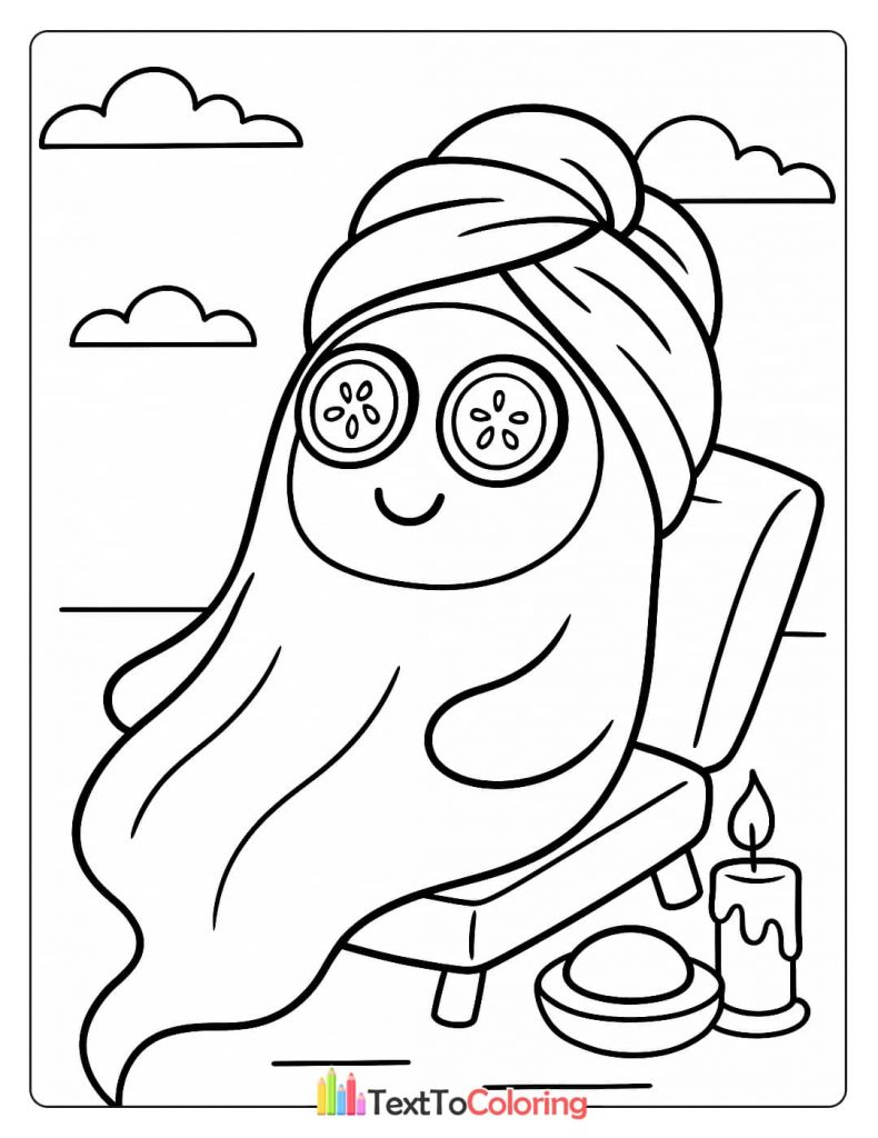 Smiling ghost relaxing at a spa with cucumber eye slices and towel wrap