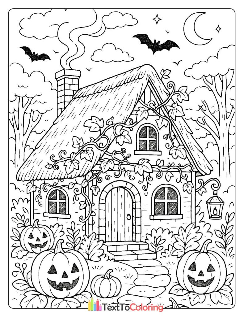 A charming Halloween cottage with smiling pumpkins and bats flying in the night sky.