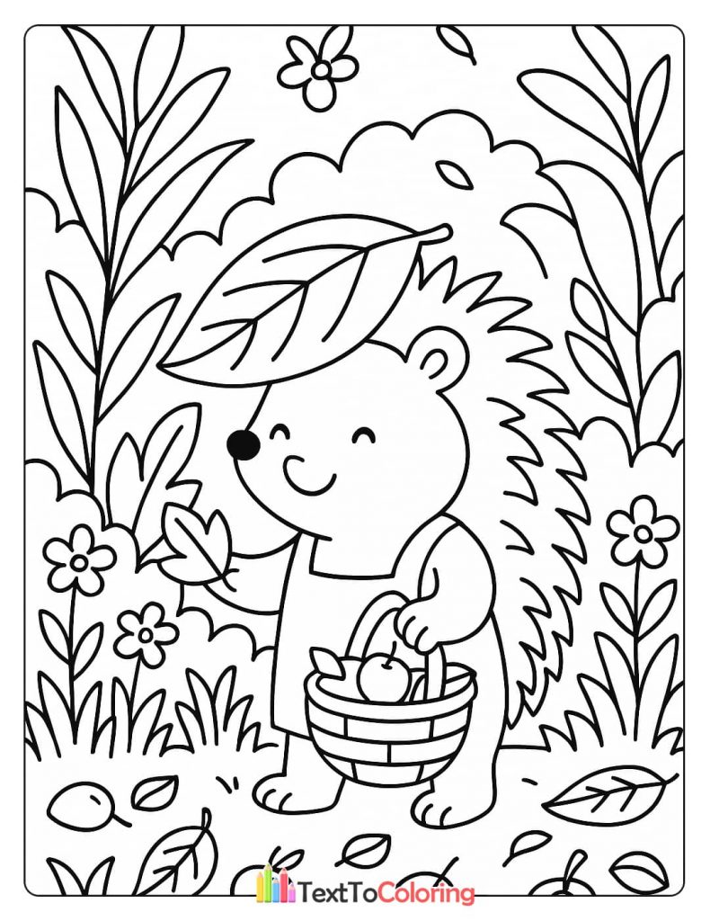 Adorable coloring page of a hedgehog wearing overalls, a leaf hat, and carrying a basket with an apple.