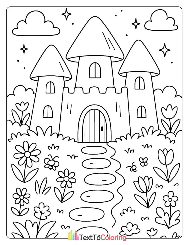 Coloring page of a fairytale castle with mushroom-like towers and a stone path through a garden.