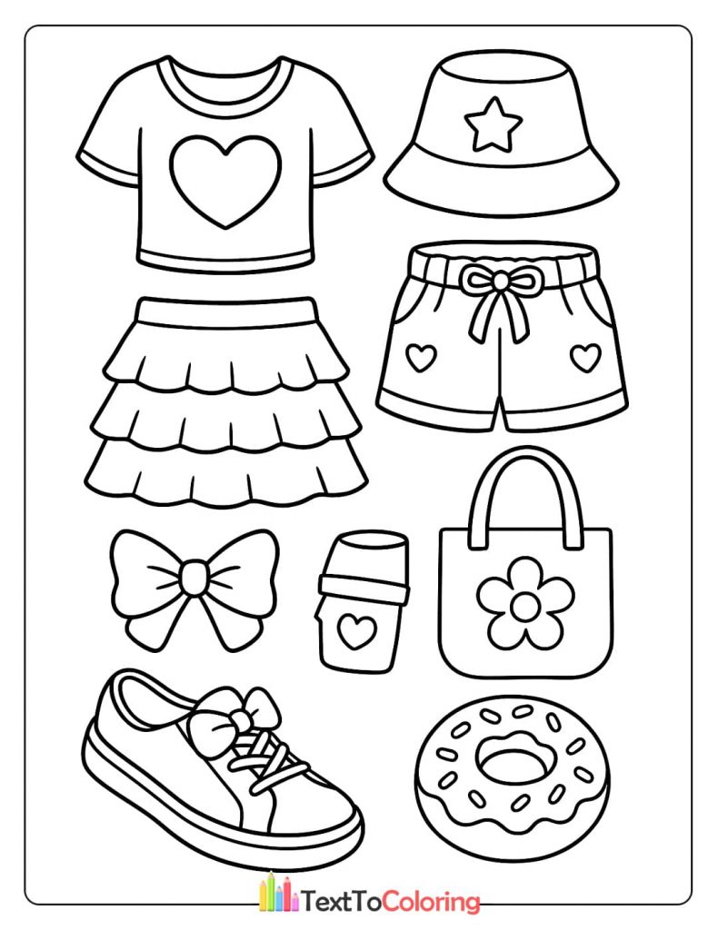 A collection of various clothing items for coloring, including a heart shirt, a skirt, shorts, a bucket hat, and a handbag.