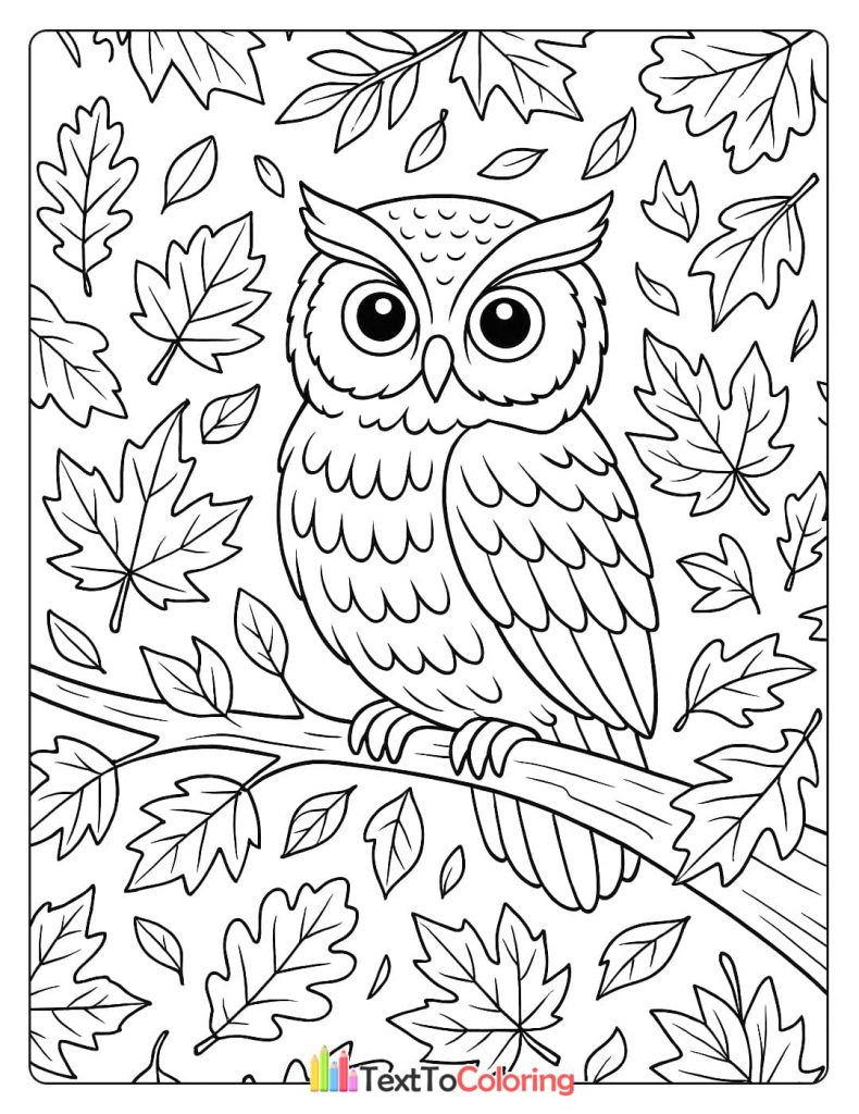 A detailed coloring page of a cartoon owl sitting on a branch surrounded by autumn leaves.