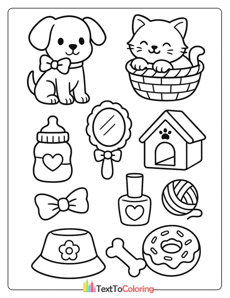 A coloring page with a puppy, a kitten in a basket, a bone, a donut, a bottle, and other cute pet accessories.