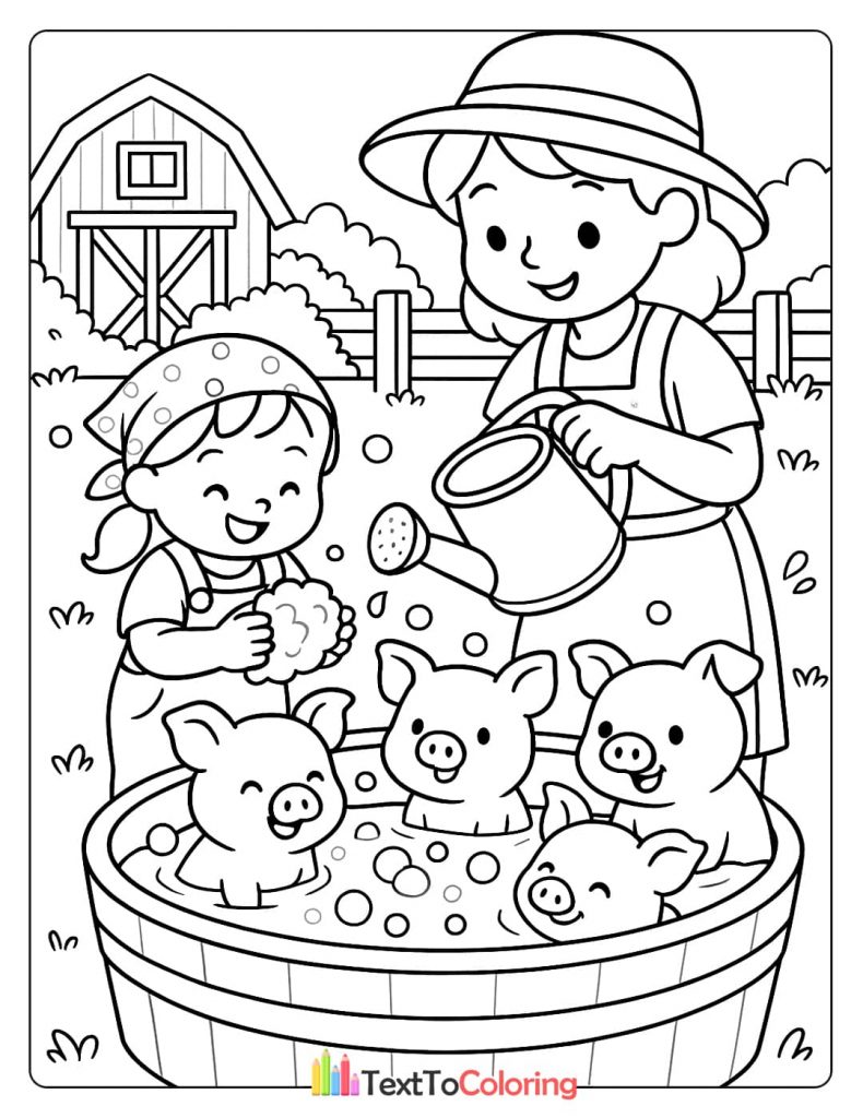 A coloring page of two girls giving a bubble bath to four happy piglets in a wooden tub, with a barn in the background.