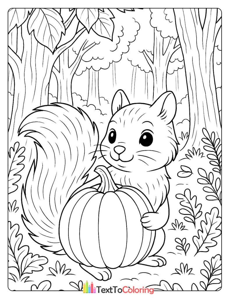 A cute squirrel is hugging a small pumpkin in the woods.