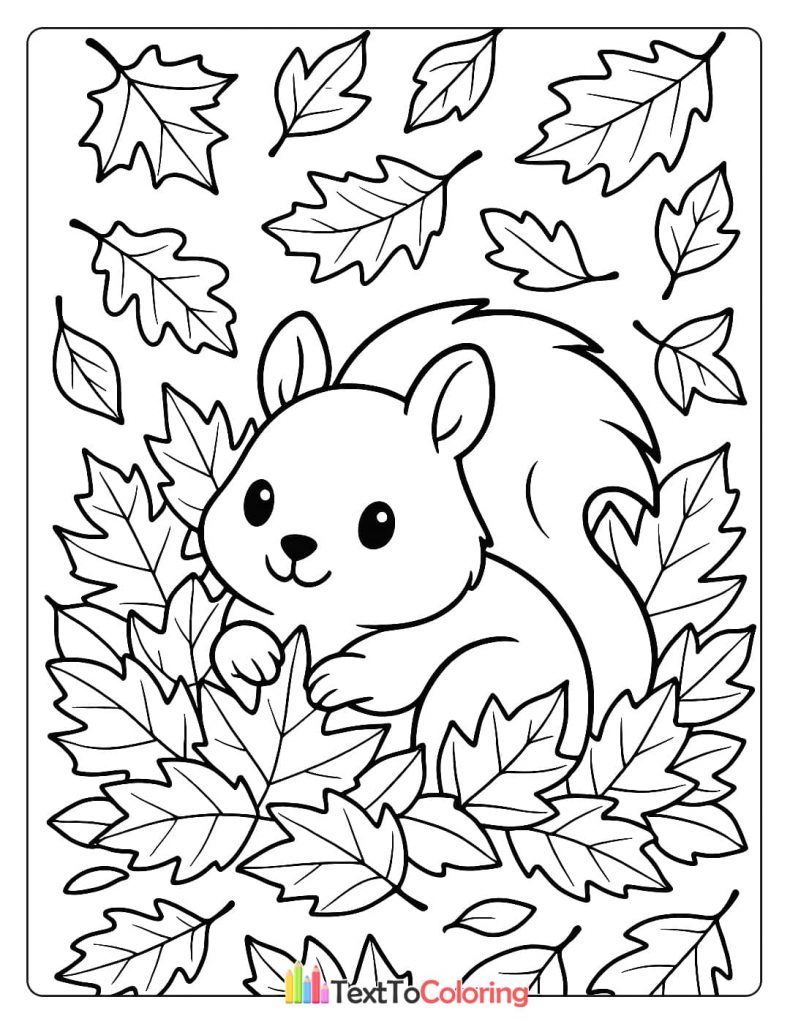 A cute coloring page of a happy squirrel peeking out from a pile of autumn leaves.