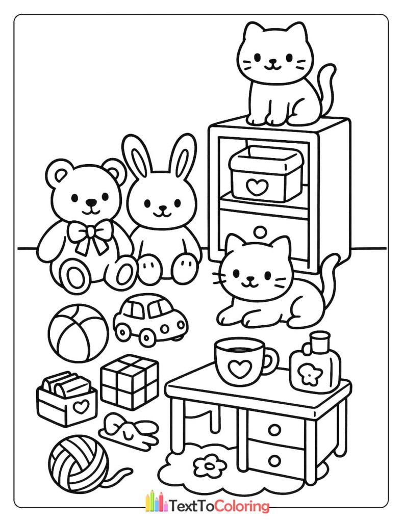 A fun coloring page featuring plush toys like a teddy bear and a rabbit, plus toy cars and a dollhouse with a kitten.