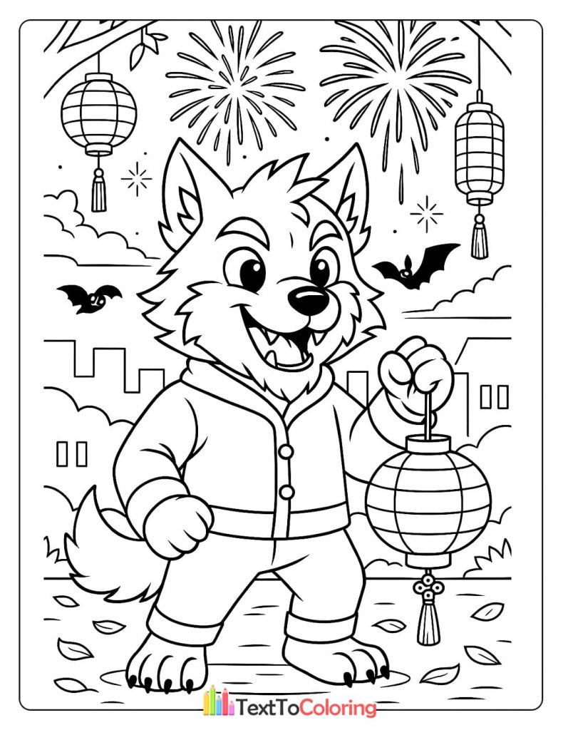 An adorable werewolf holding a lantern with fireworks and paper lanterns in the background.