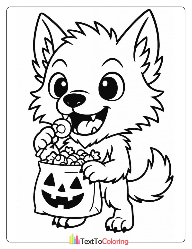 An adorable werewolf holding a jack-o-lantern bag full of Halloween candy.