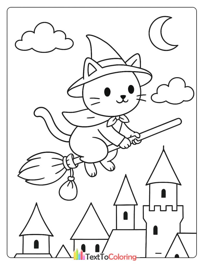 An adorable cat dressed as a witch, flying on a broomstick above a castle under a crescent moon.
