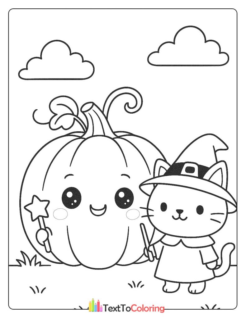 A cute cat dressed as a witch with a wand stands next to a smiling pumpkin.