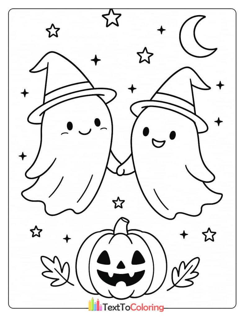 Two cute ghost friends wearing witch hats coloring