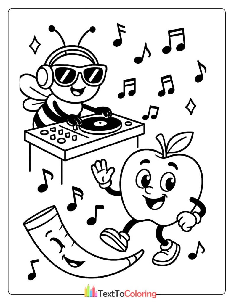 A cartoon coloring page of a DJ bee, a dancing apple, and a shofar.