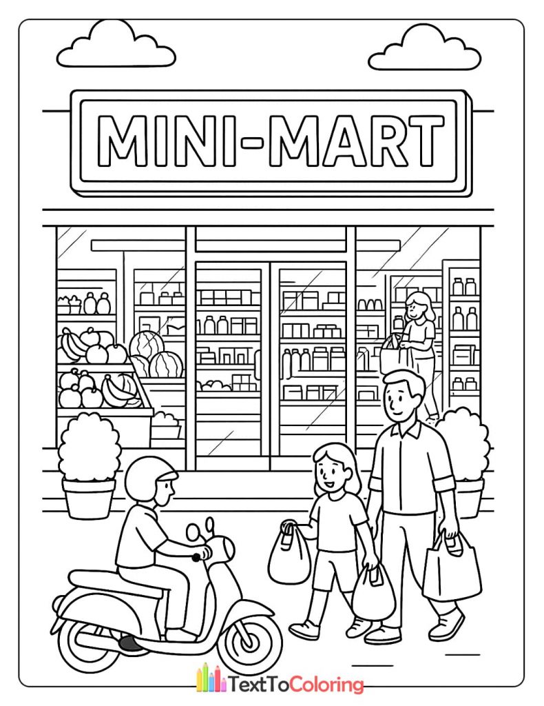 A family and a person on a scooter outside a mini-mart. The family is walking with shopping bags, and a woman is leaving the store in the background.