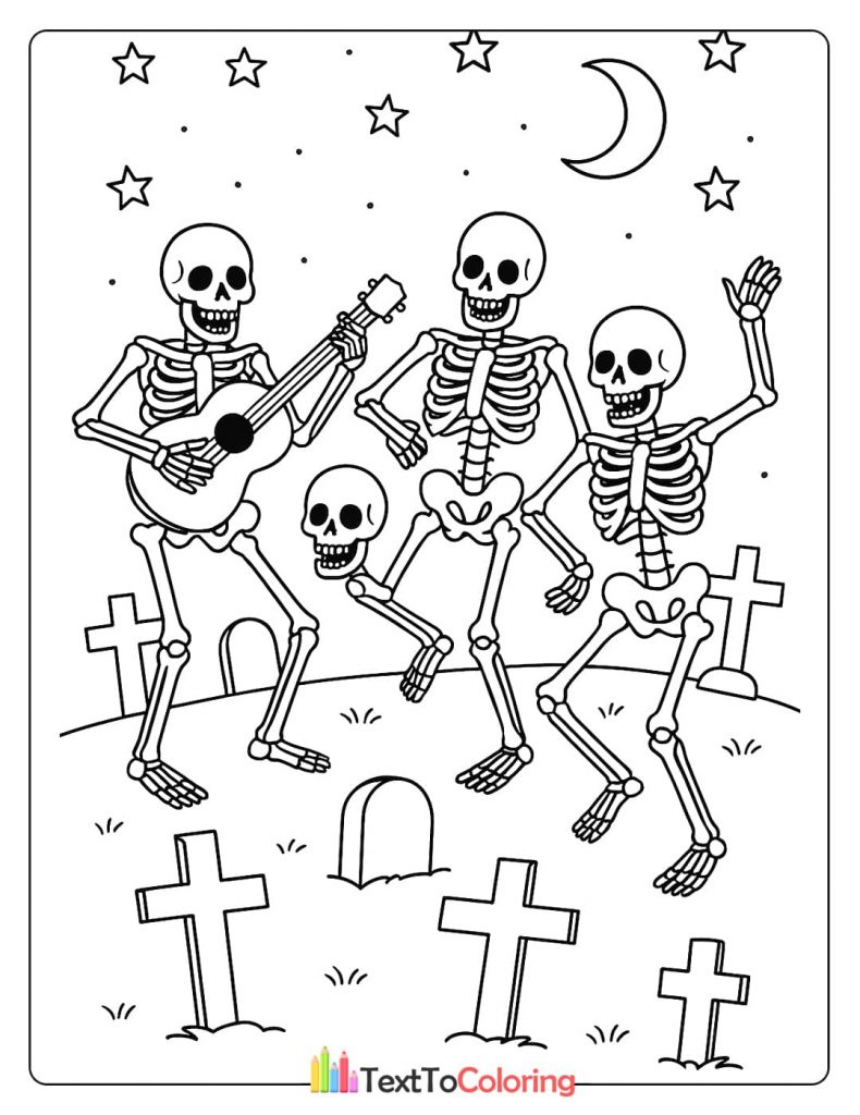 Three skeletons dancing and playing guitar in a graveyard