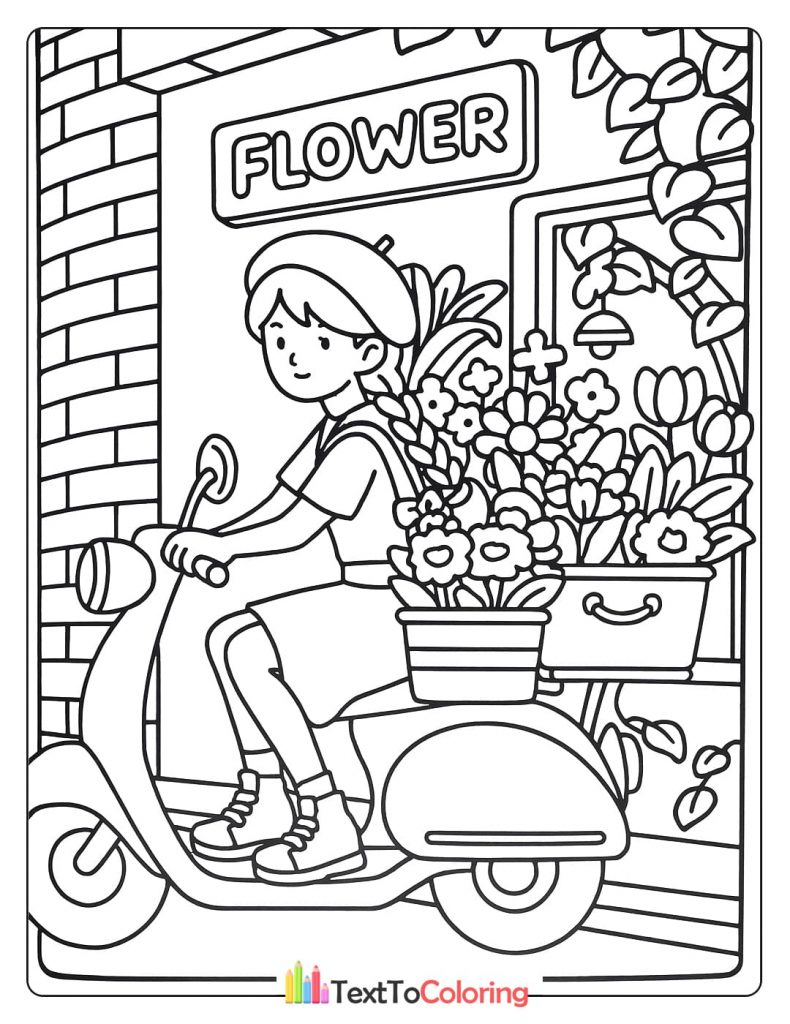A person on a scooter transports a basket full of flowers.