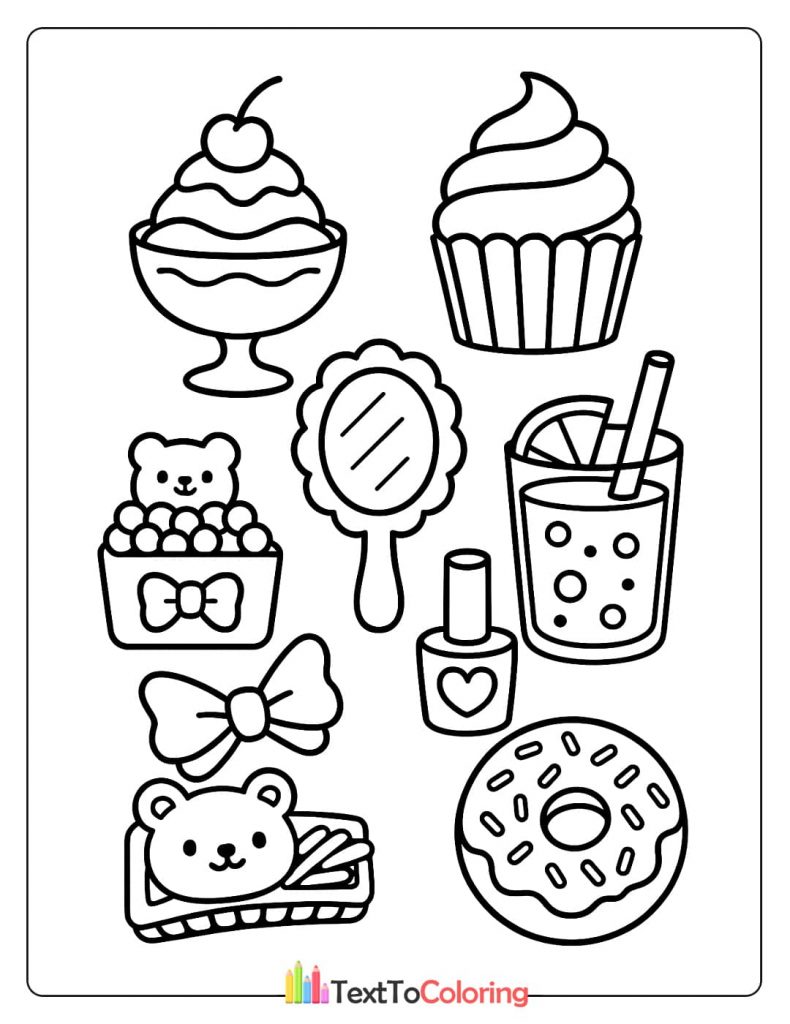 A coloring page filled with delicious treats and accessories, including a sundae, a cupcake, a donut, and a handheld mirror.