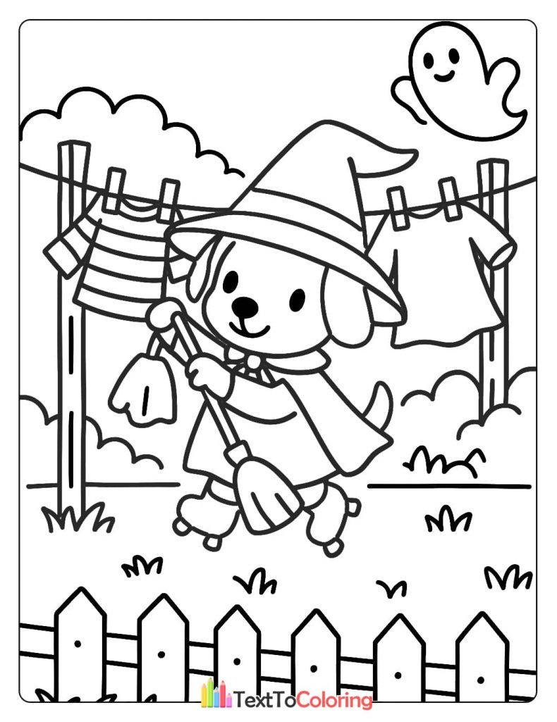 A happy dog wearing a witch hat and cape, holding a broom, and roller skating near a clothesline with Halloween costumes. A small ghost is flying above.