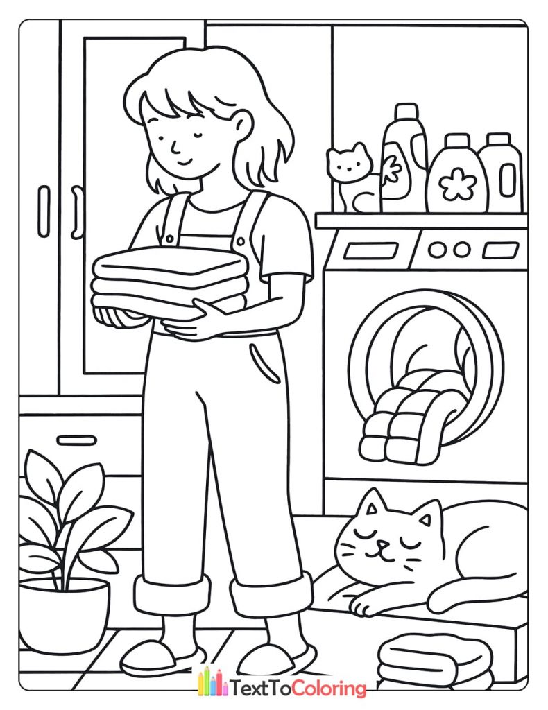 A woman holds a stack of clean clothes with her cat sleeping next to a washing machine.