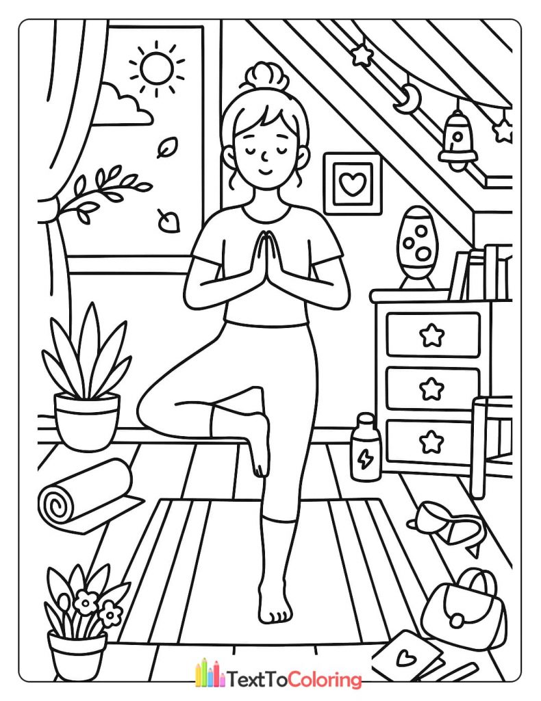 A person stands in a yoga pose in a sunlit room with plants and a rolled-up mat.