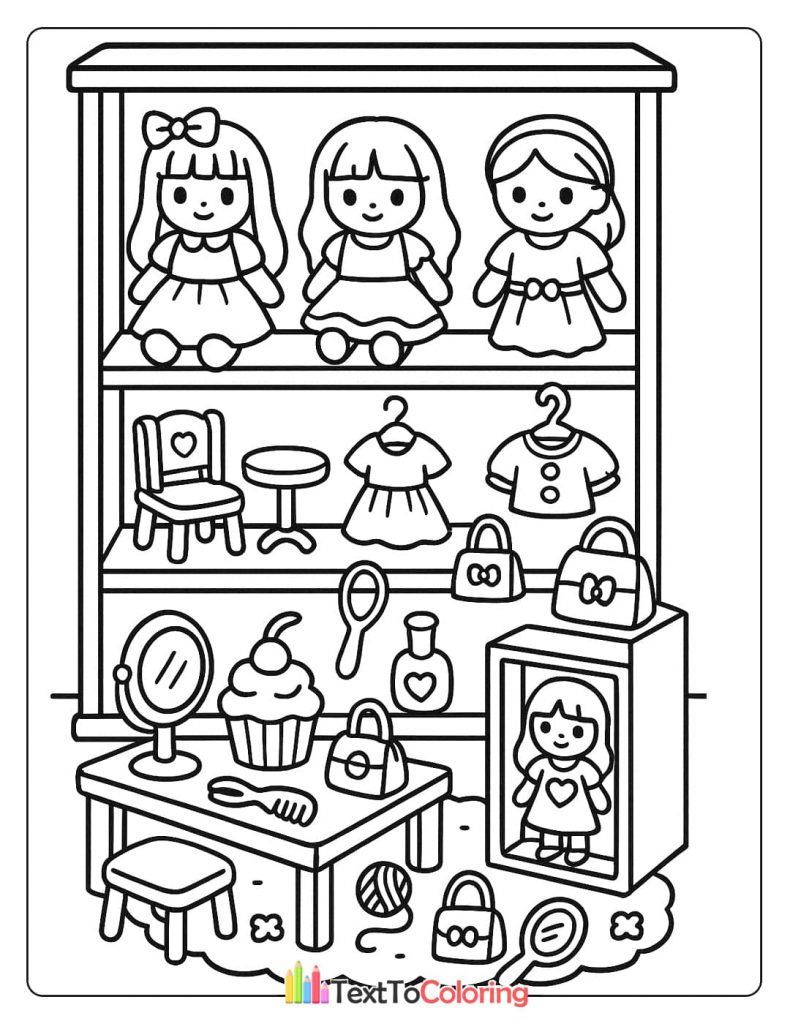 A detailed coloring page of a dollhouse with dolls on shelves, tiny furniture, clothes, and accessories like a cupcake and handbag.