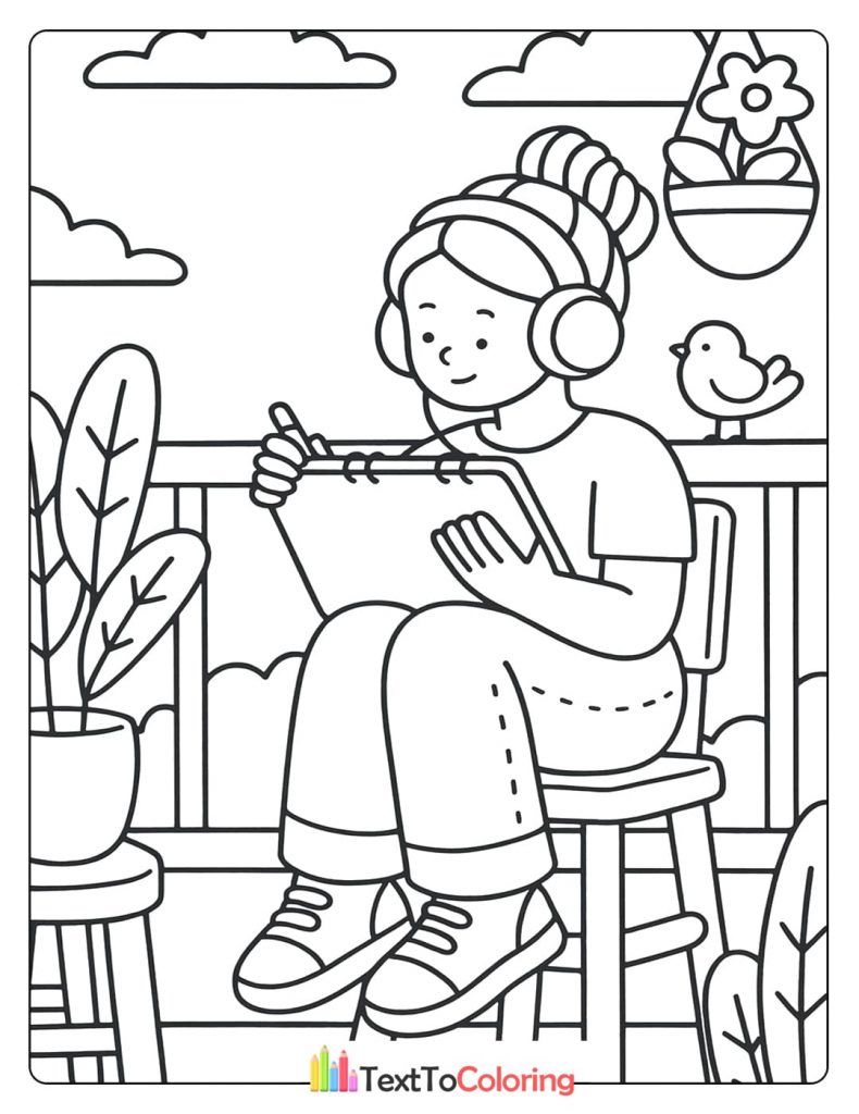 A person with headphones draws on a notepad while sitting on a balcony.