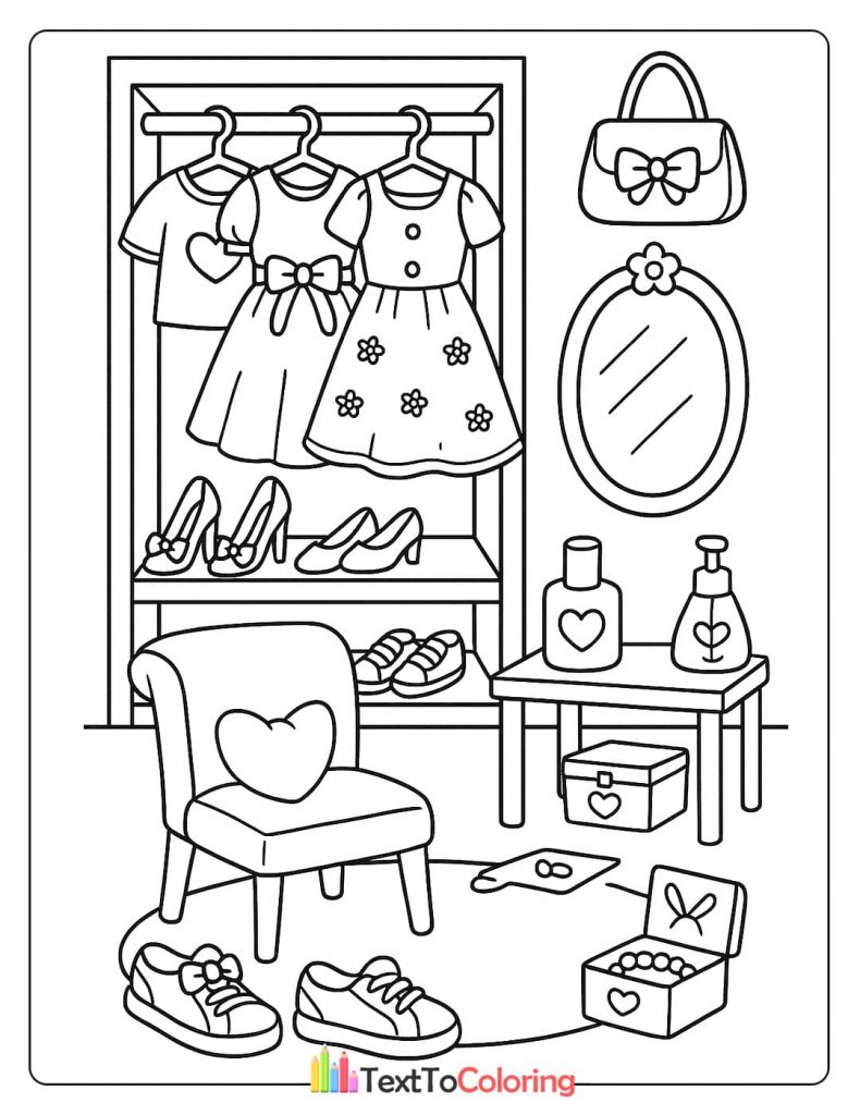 A coloring page of a dressing room with dresses on a rack, shoes, a handbag, and a comfy armchair with a heart pillow.