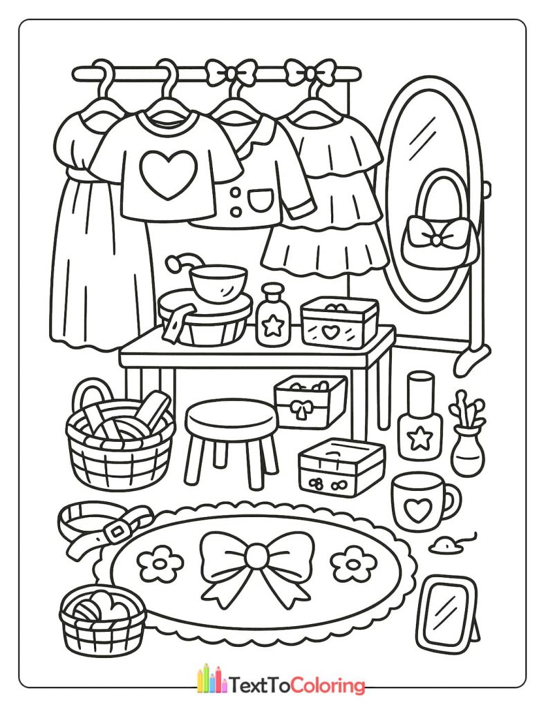 A detailed coloring page of a dressing room with a clothes rack, a full-length mirror, a handbag, and a table with various accessories.