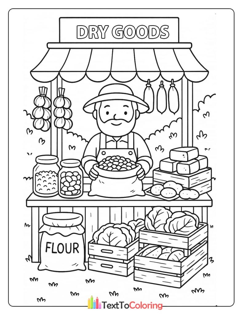 A printable coloring page of a male vendor selling dry goods like flour, garlic, and beans, along with fresh produce.