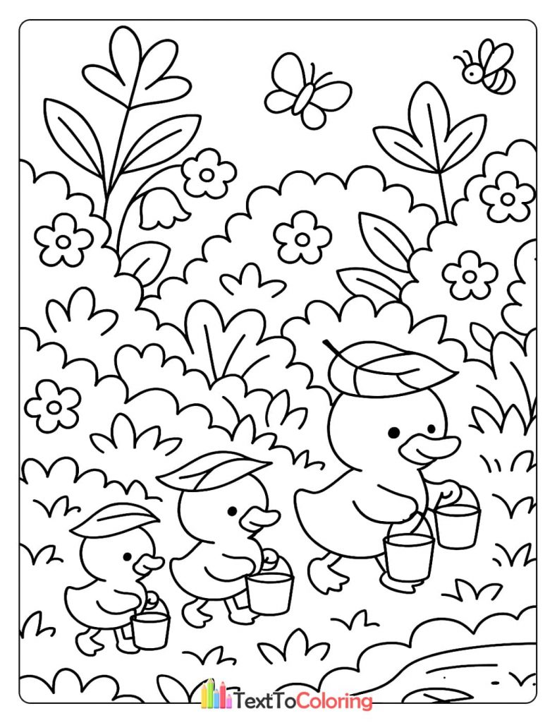 Cute coloring page of a mother duck and two ducklings with leaves on their heads, each carrying a bucket.