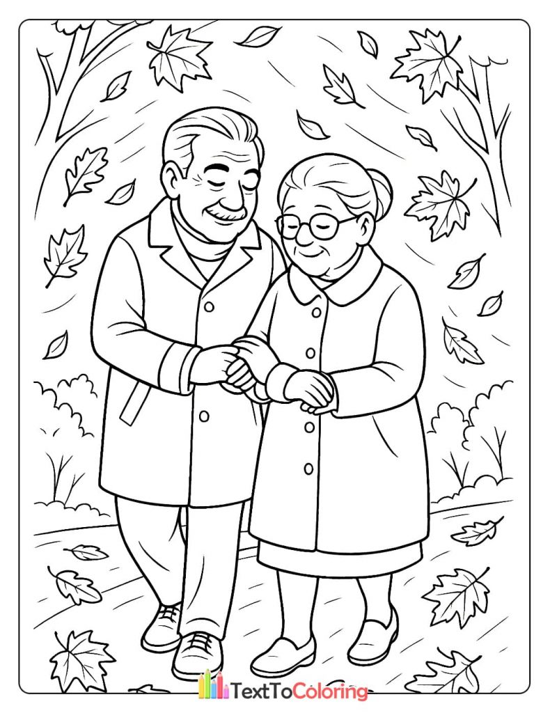 A heartwarming coloring page of an elderly couple taking a stroll together among falling autumn leaves.