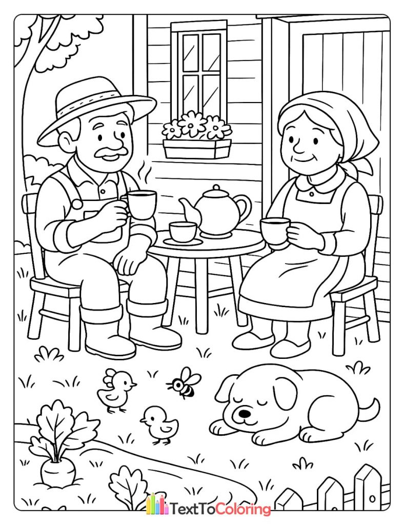 A coloring page of an older man and woman, both farmers, sitting at a table outside a farmhouse and drinking tea, with a dog and chicks playing in the garden.