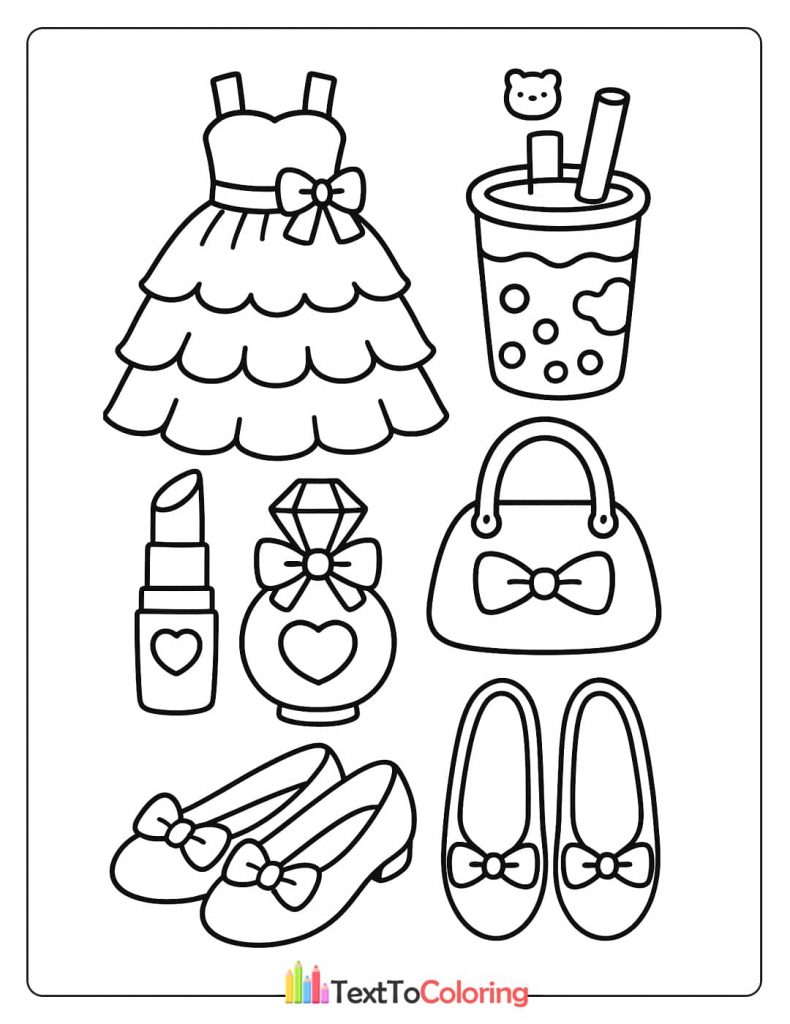 A coloring page of elegant accessories, including a tiered dress, a handbag, lipstick, and a pair of bow shoes.