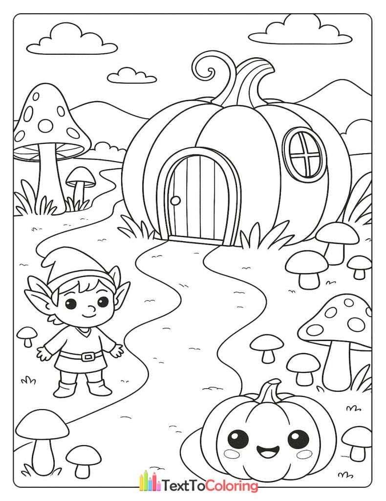 An elf stands in a magical landscape in front of a pumpkin-shaped house.