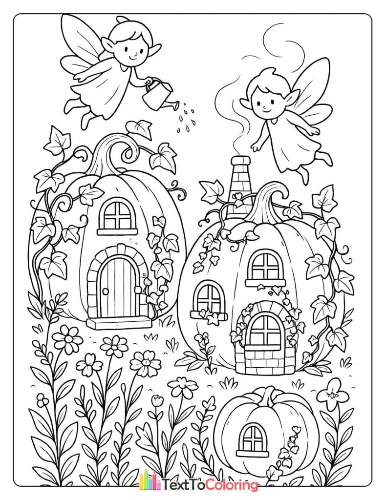 Two flying fairies watering and tending to pumpkin houses with doors and windows.