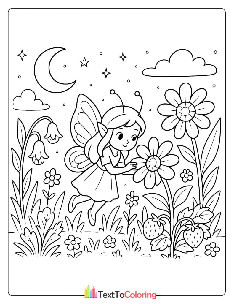 Fantasy coloring page of a fairy with butterfly wings hovering near a flower in a night garden.