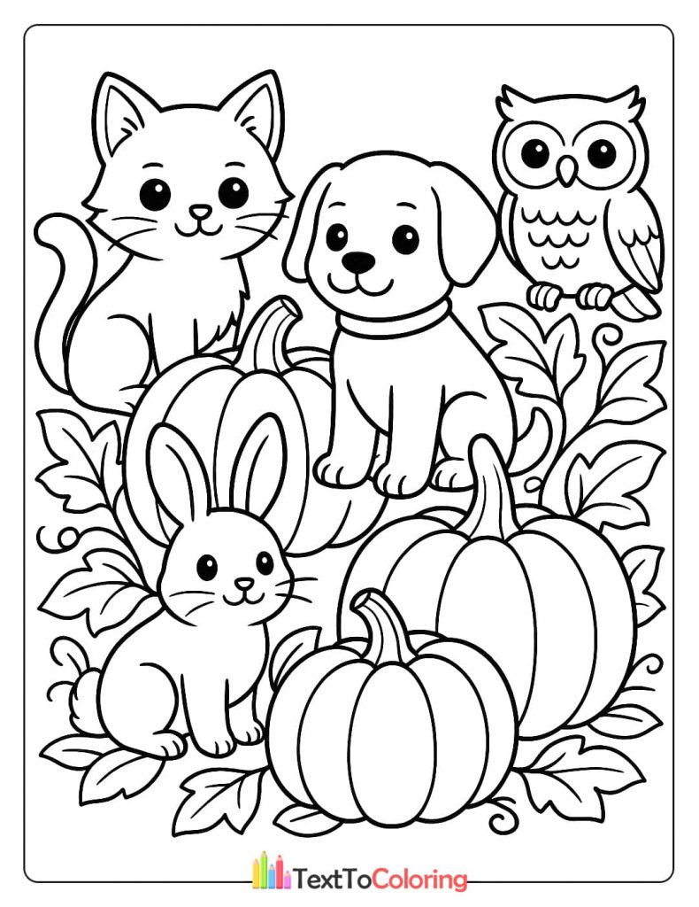 A cat, dog, owl, and rabbit are sitting together among pumpkins and leaves.