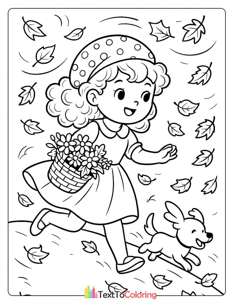 A girl with a basket of flowers running through a field of falling leaves with her playful dog.