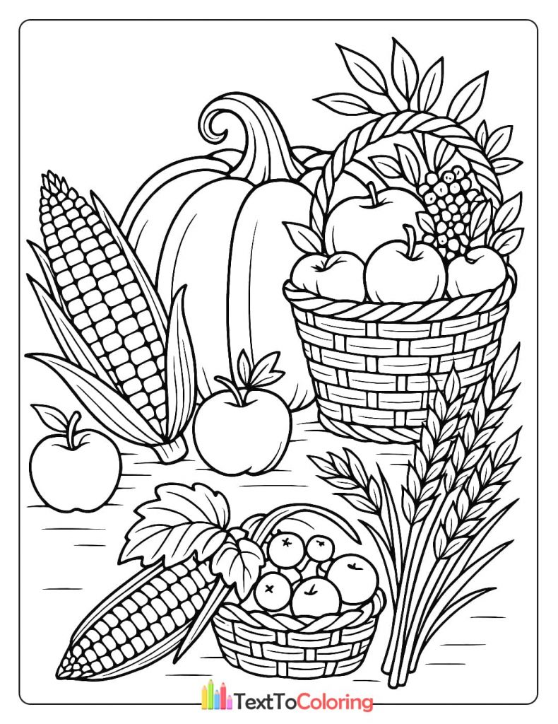 A fall harvest still life with a pumpkin, corn, and baskets of apples and grapes.