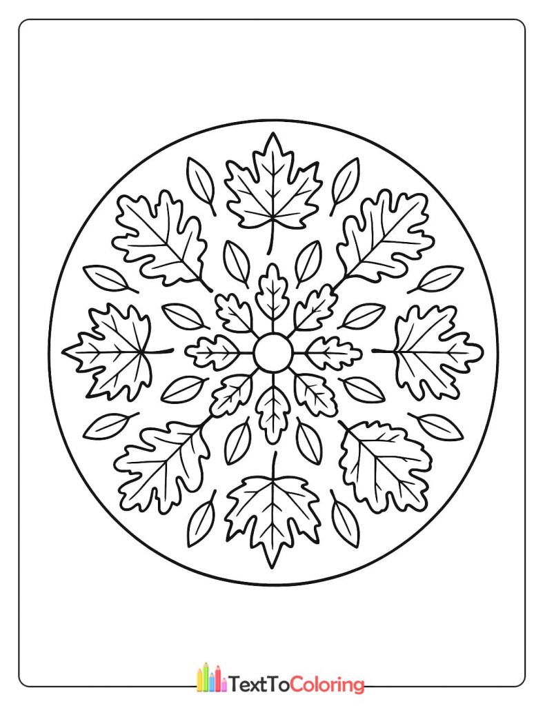 A decorative mandala coloring page made from a circular pattern of autumn leaves.