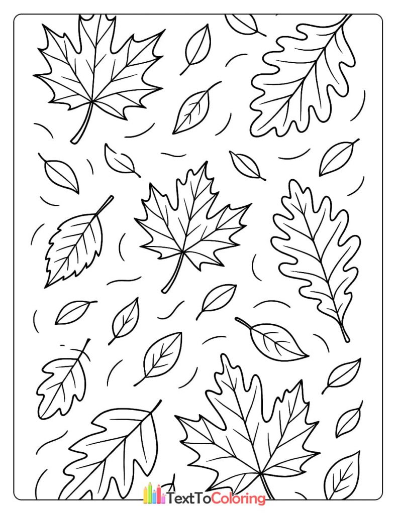 A detailed coloring page pattern of various fall leaves and decorative swirls.
