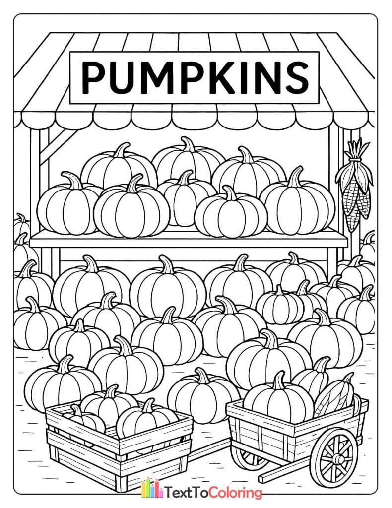 A detailed coloring page of a pumpkin stand filled with many pumpkins and corn.