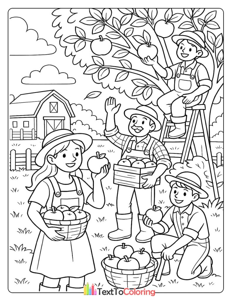 A black and white coloring page showing a family picking apples from an apple tree. A boy is on a ladder, and a man, a woman, and another boy are on the ground collecting apples in baskets and a crate.