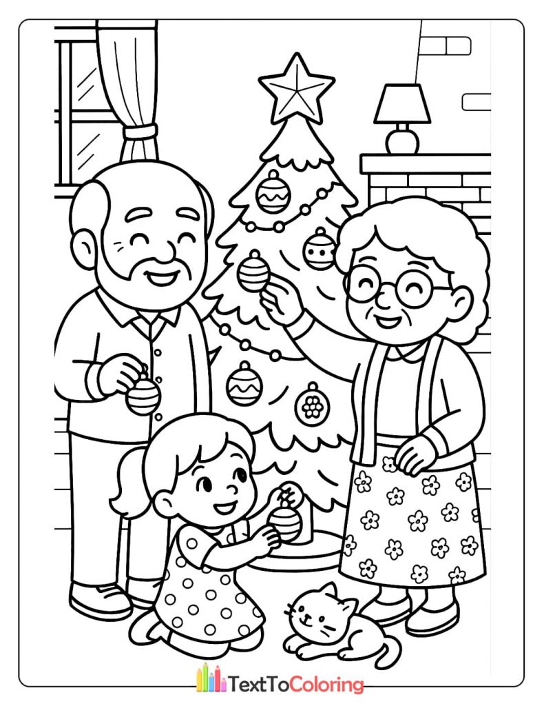A grandpa and a grandma with a young girl and a cat, all decorating a Christmas tree together. A festive holiday coloring sheet.